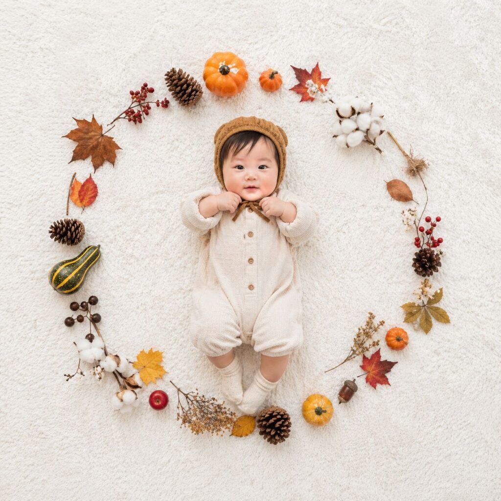 白いラグの上に赤ちゃんを中心に季節の小道具を丸く並べた俯瞰写真。周囲はすっきり