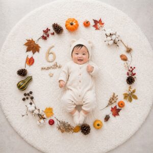 白いふわふわラグの上に赤ちゃんを中心に小道具を丸く並べた俯瞰写真。