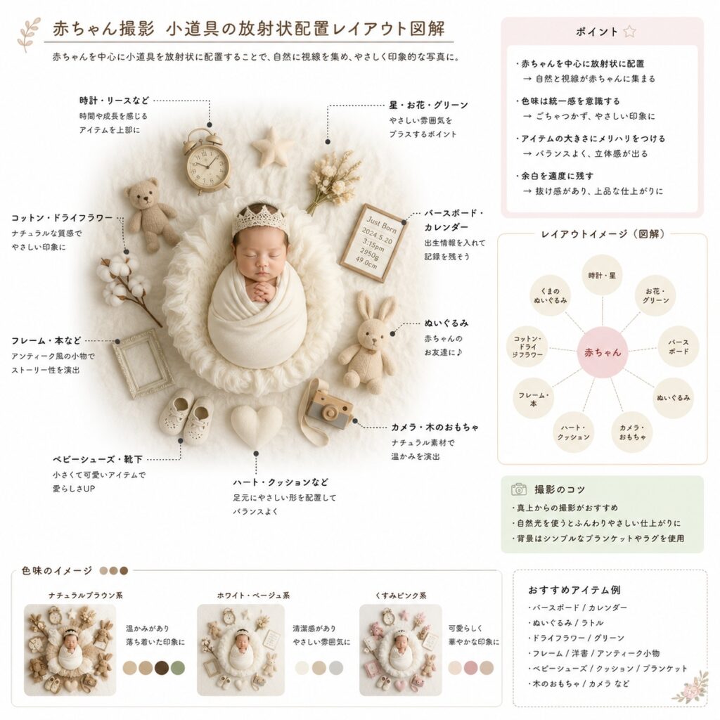 配置レイアウト例（赤ちゃんを中心に小道具を丸く並べた俯瞰図）