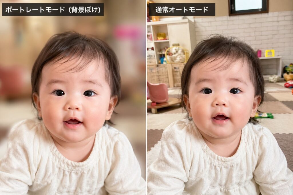 ポートレートモードで撮った赤ちゃん（背景ぼけ）と通常オートで撮った赤ちゃんの比較