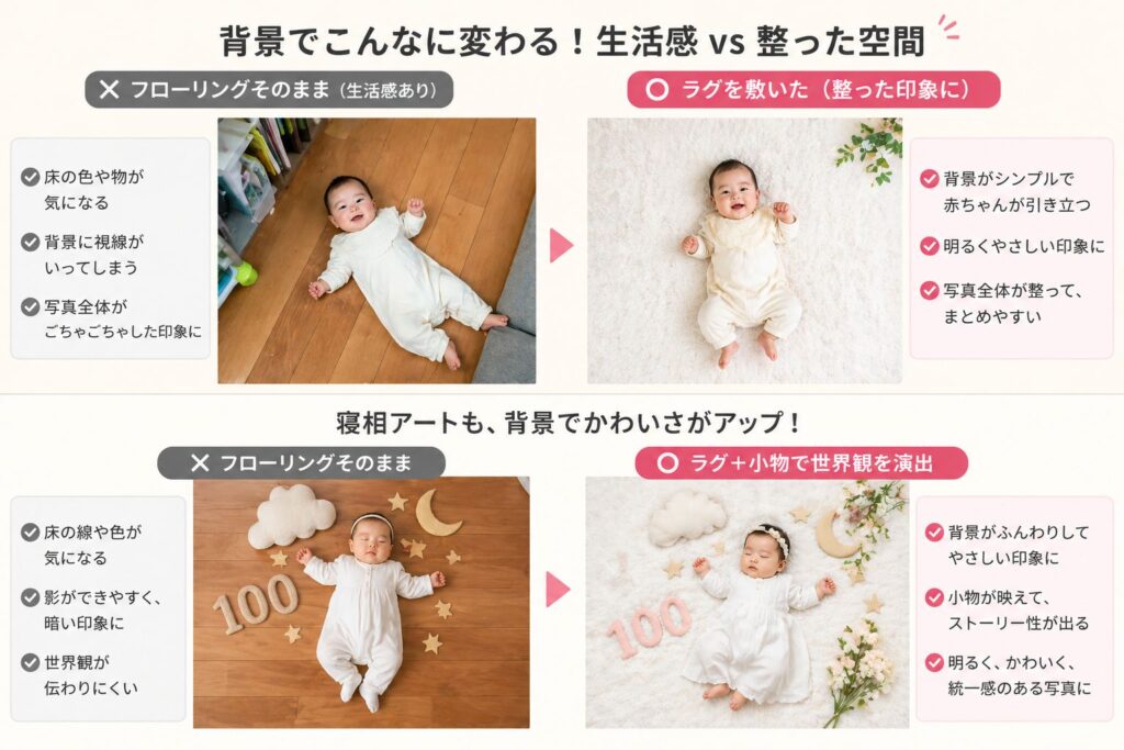 フローリングそのまま（生活感あり）vs ラグを敷いた（整った）比較写真