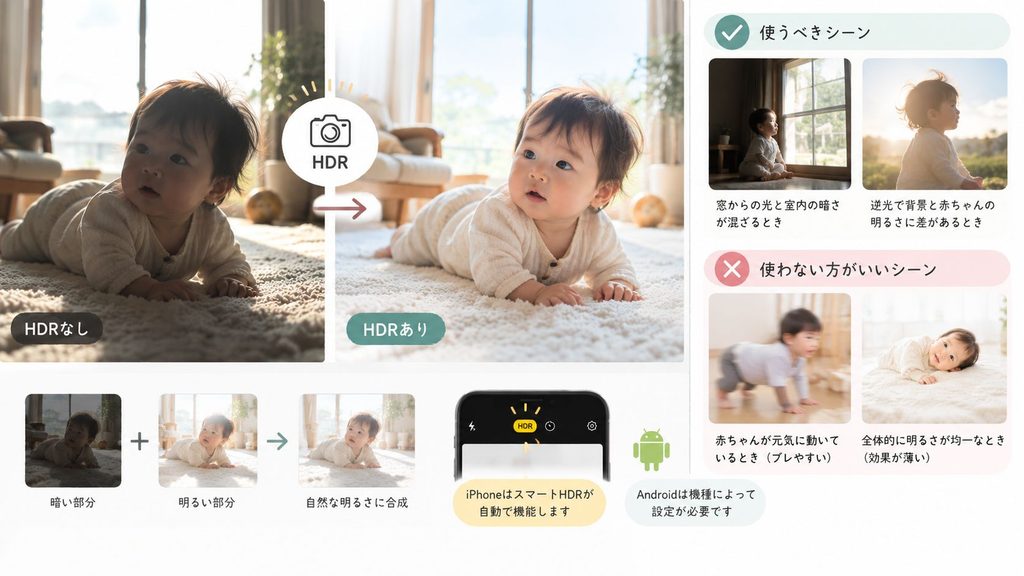 HDRモードの使い方
赤ちゃん写真スマホ設定