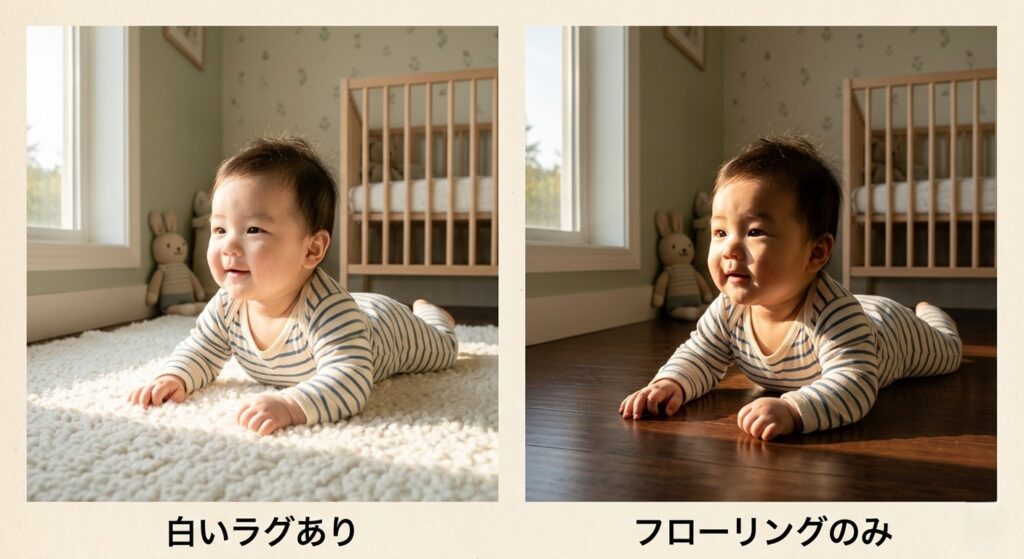 白いラグを使った場合とフローリングのみの場合の顔の影の違い