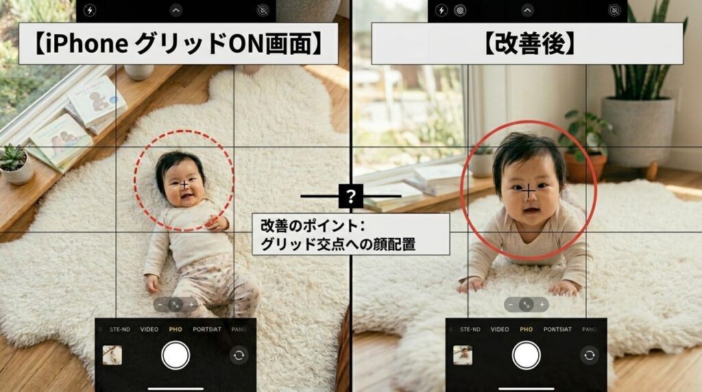 iPhoneのグリッドON画面と、交点に顔が来るよう配置した写真