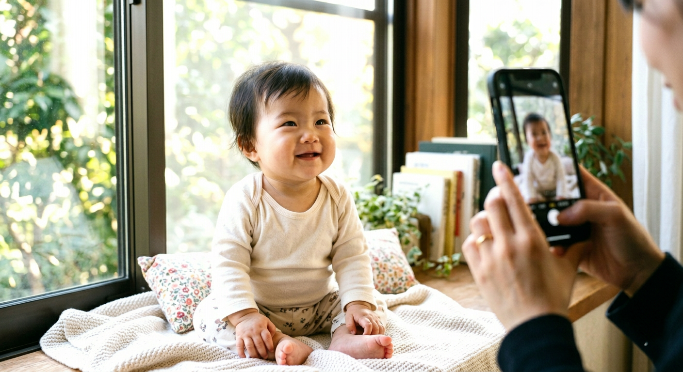 窓際で自然光を受けて撮られた赤ちゃん。スマホを持つ手が写り込む構図