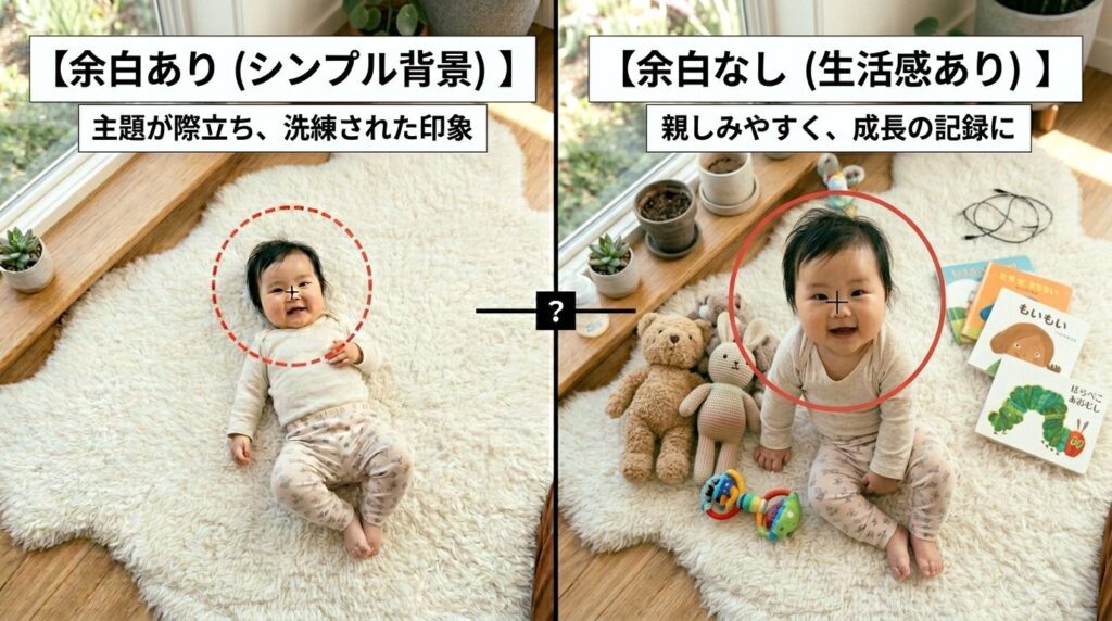 余白あり（シンプル背景）と余白なし（生活感あり）の比較写真