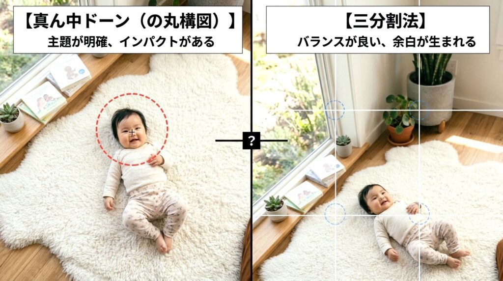 アイキャッチ：同じ赤ちゃんを「真ん中ドーン」と「三分割法」で撮った比較写真