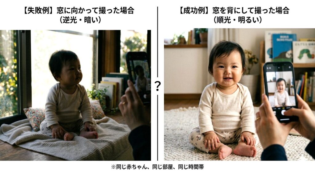 窓を背にして撮った場合（明るい）と窓に向かって撮った場合（暗い）の比較