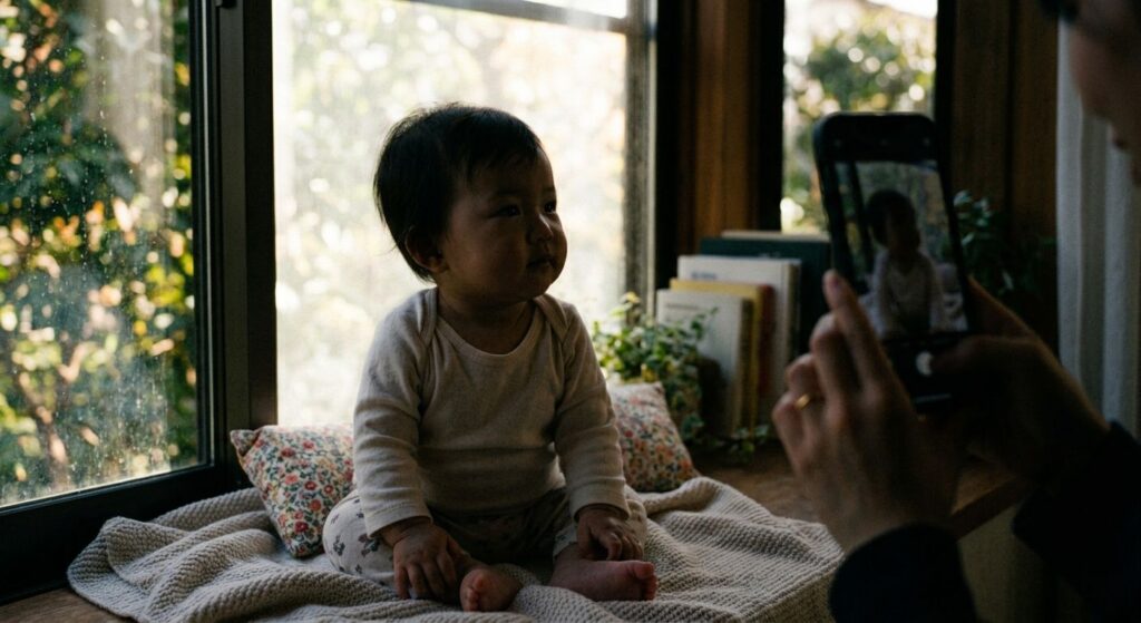 逆光で暗く写った赤ちゃん写真の例（失敗例）