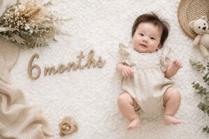 白いラグの上に寝かせた赤ちゃんと「6months」のレターバナー。ナチュラルで統一感のある色合い