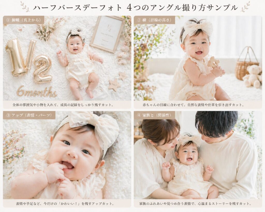 4つのアングル（俯瞰・横・アップ・家族と）の撮り方サンプル