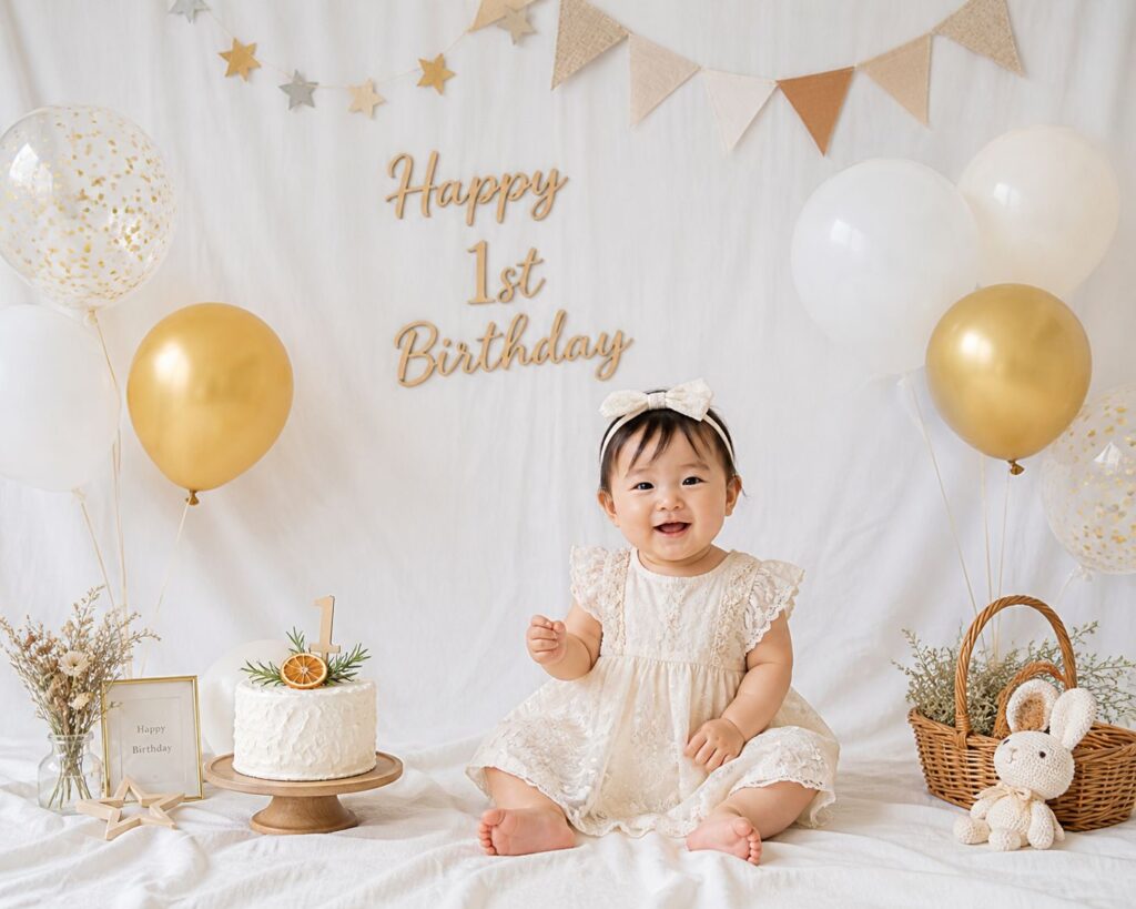 白い背景布の前に「Happy 1st Birthday」のレターバナー、風船、ガーランドが飾られ、かわいい衣装を着た赤ちゃんが座っている