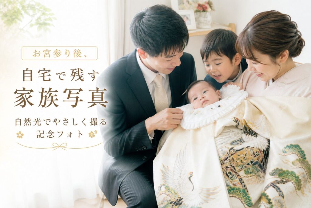 お宮参り後、自宅で残す家族写真｜自然光でやさしく撮る記念フォト