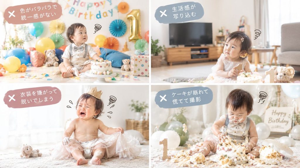 飾り付けの色がバラバラで統一感がない
背景に生活感(家具・テレビ)が写り込む
赤ちゃんが衣装を嫌がって脱いでしまう
スマッシュケーキが崩れてから慌てて撮影